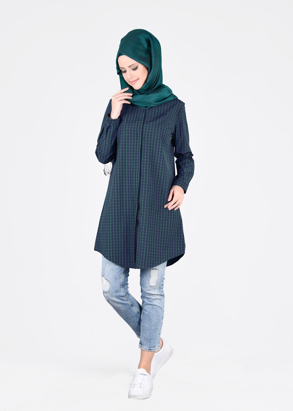 Tesettür giyim YEŞİL T 76215-4 Allday-Ekose Tunik