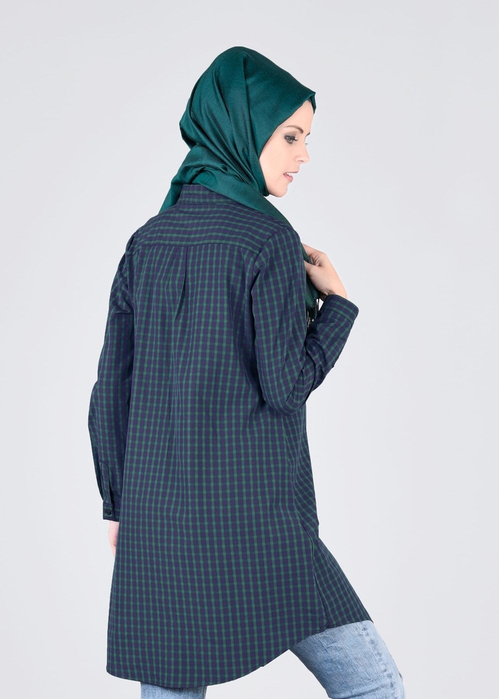 Tesettür giyim YEŞİL T 76215-4 Allday-Ekose Tunik