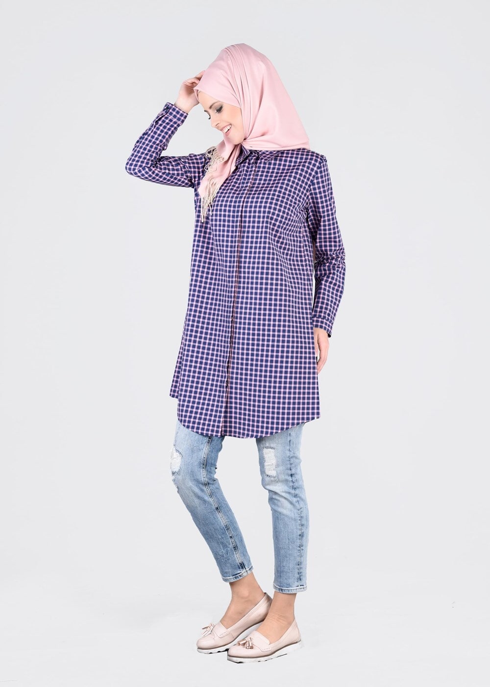 Tesettür giyim PEMBE T 76215-4 Allday-Ekose Tunik