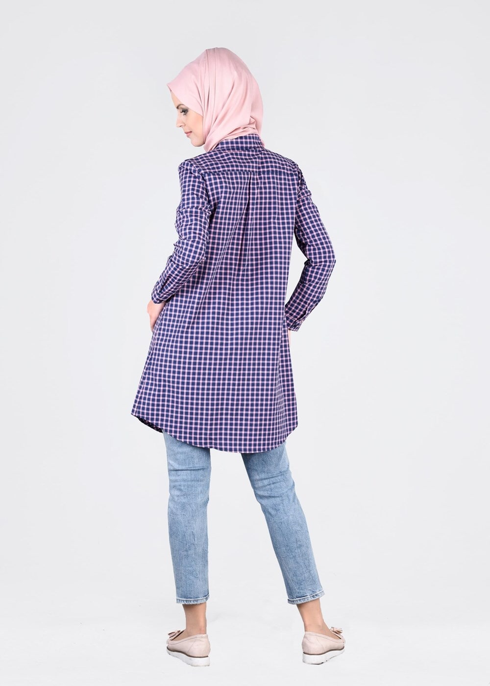 Tesettür giyim PEMBE T 76215-4 Allday-Ekose Tunik