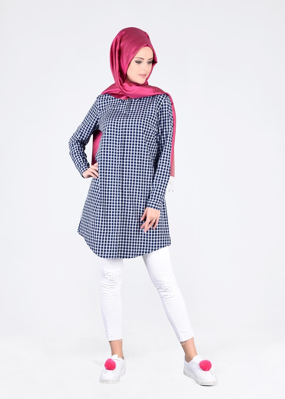 Tesettür giyim LACİVERT T 76215-4 Allday-Ekose Tunik