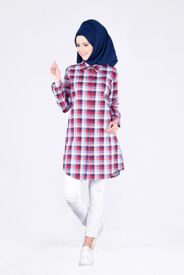 Vêtements hijab  T 86215-1 Allday- Gizli Patlı Ekose Tunik - TRENDTESETTÜR