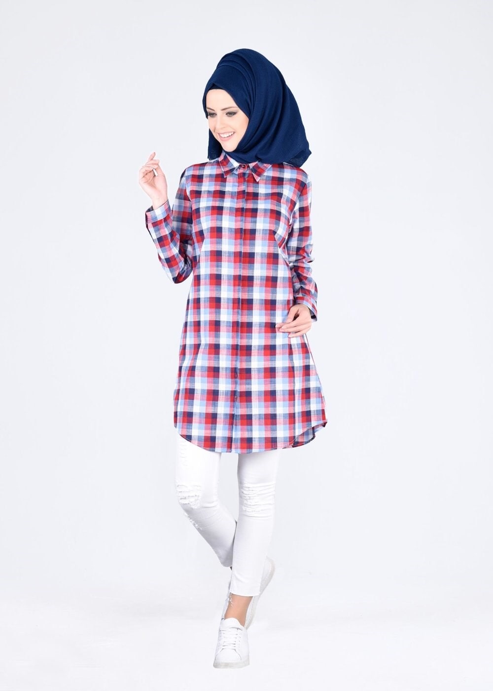 Vêtements hijab ROUGE T 86215-1 Allday- Gizli Patlı Ekose Tunik