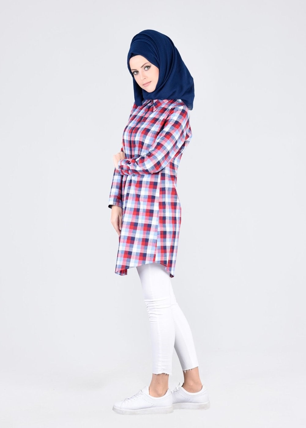 Vêtements hijab ROUGE T 86215-1 Allday- Gizli Patlı Ekose Tunik