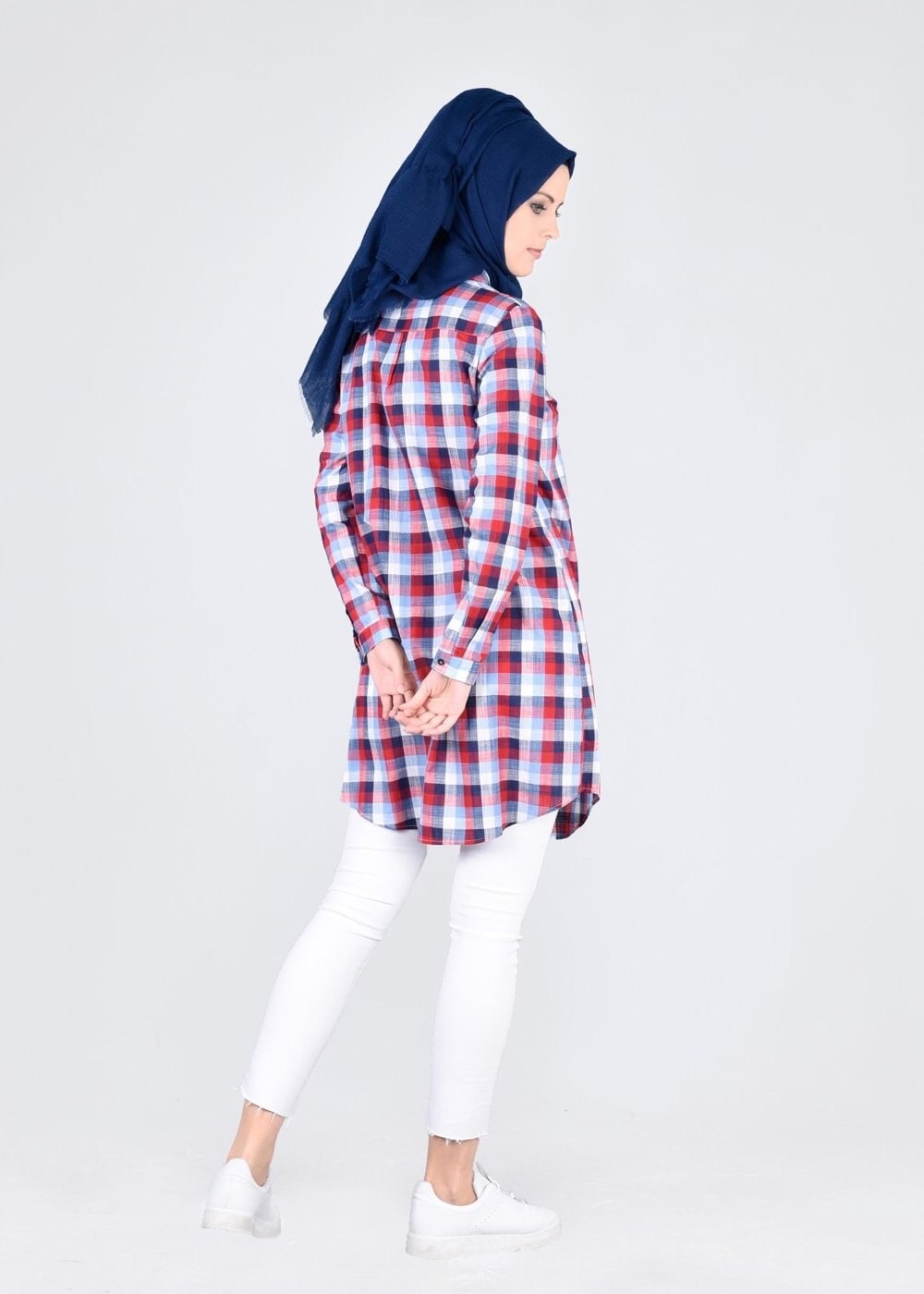 Vêtements hijab ROUGE T 86215-1 Allday- Gizli Patlı Ekose Tunik