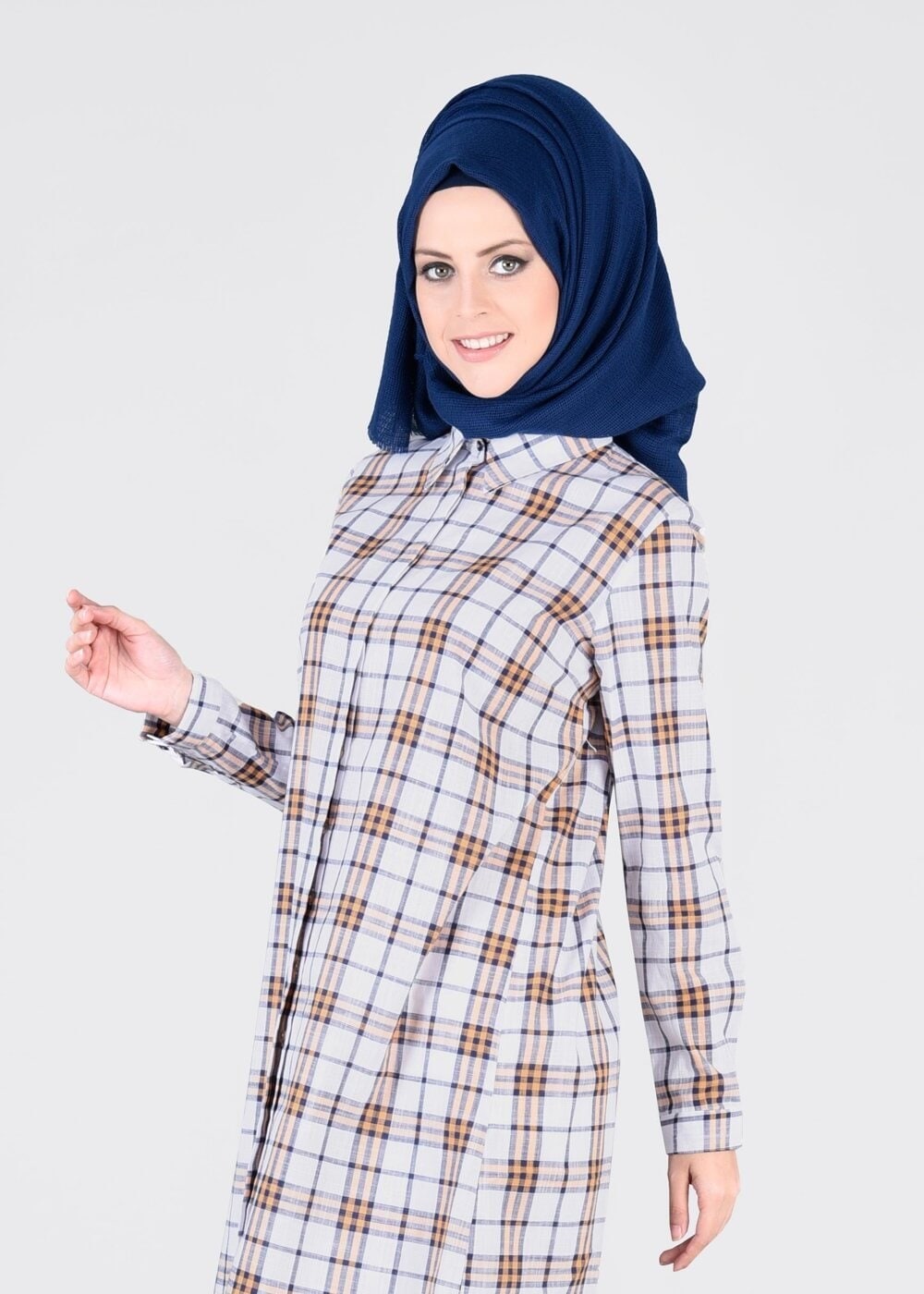 Tesettür giyim SARI T 86215-2 Allday- Gizli Patlı Ekose Tunik