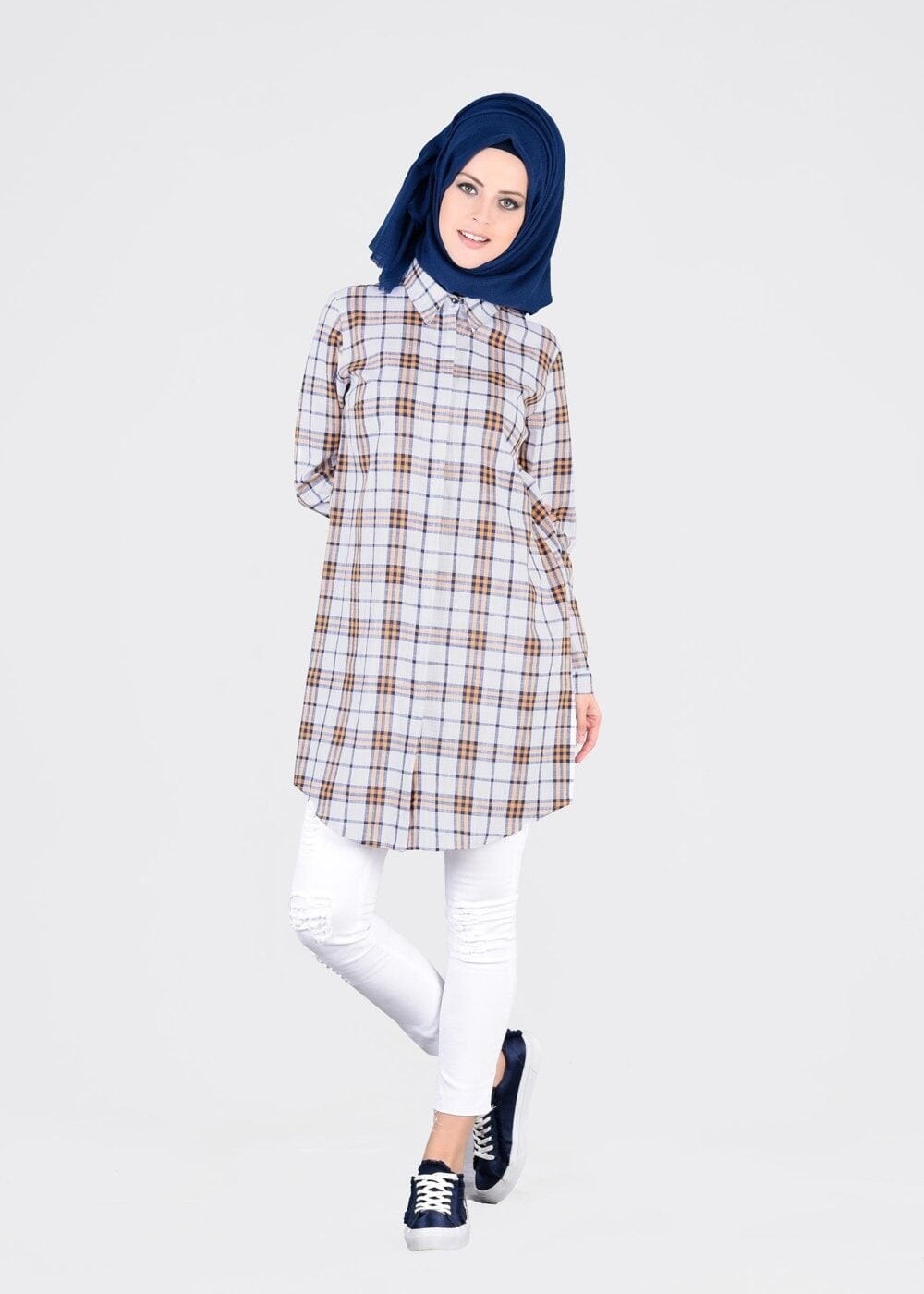 Tesettür giyim SARI T 86215-2 Allday- Gizli Patlı Ekose Tunik