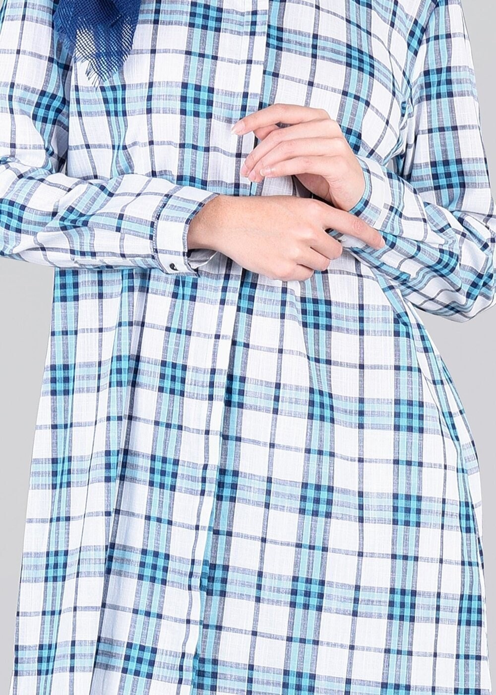 Tesettür giyim MAVİ T 86215-2 Allday- Gizli Patlı Ekose Tunik