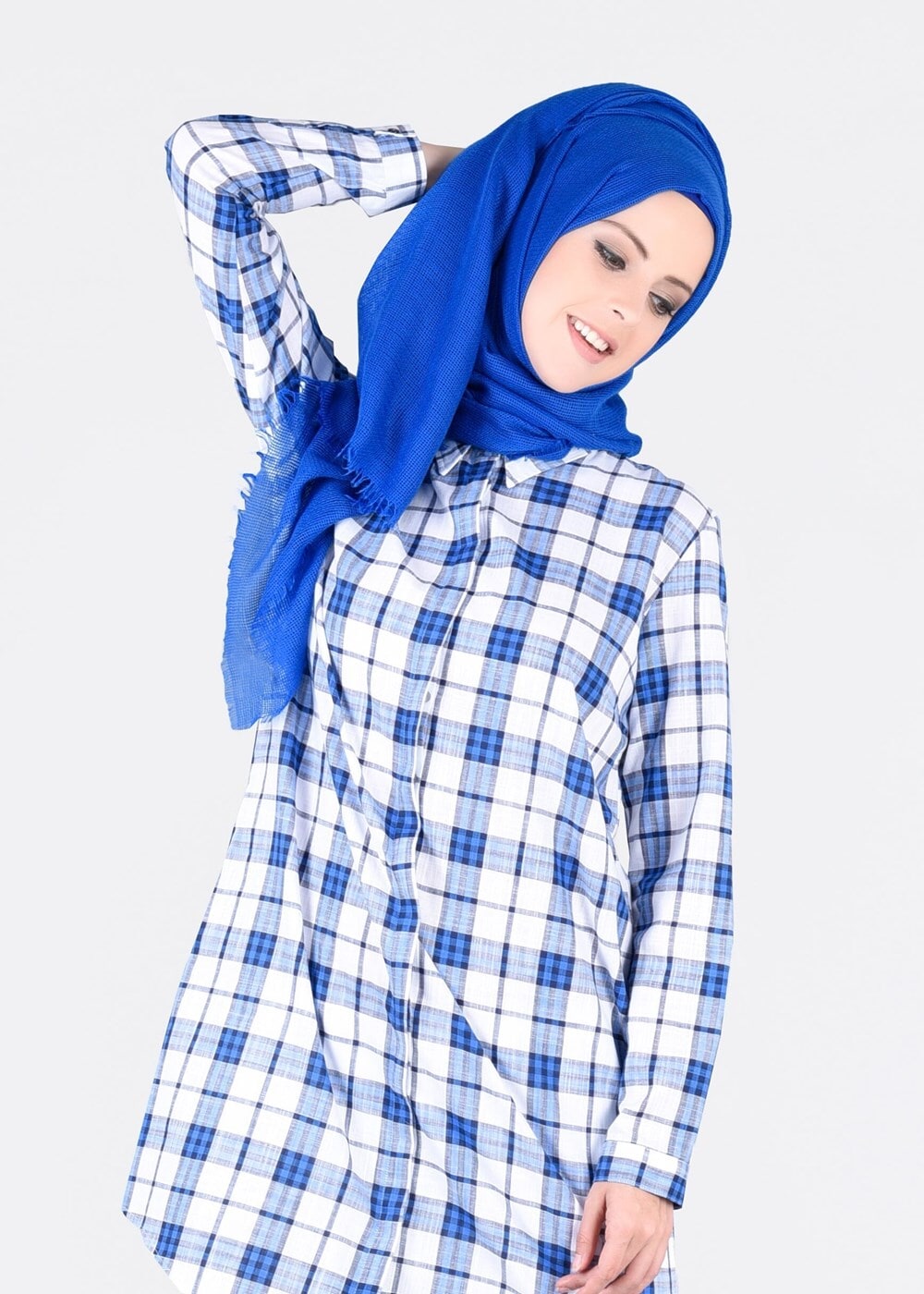 Vêtements hijab BLEU MARINE T 86215-2 Allday- Gizli Patlı Ekose Tunik