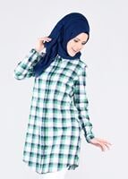 Tesettür giyim YEŞİL T 86215-3 Allday- Gizli Patlı Ekose Tunik