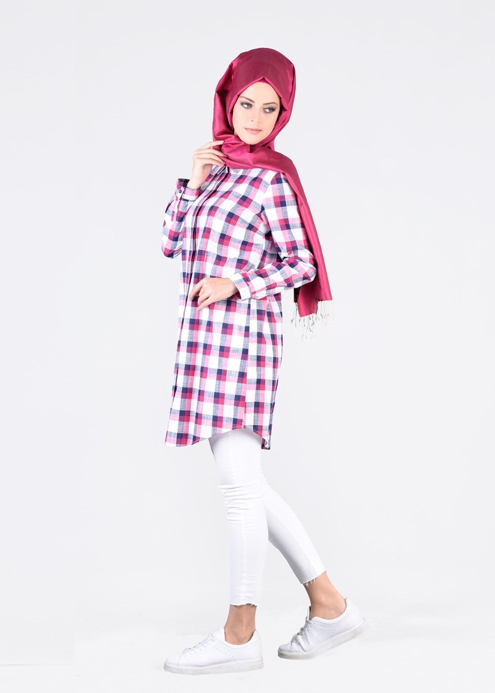 Tesettür giyim PEMBE T 86215-3 Allday- Gizli Patlı Ekose Tunik