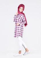 Tesettür giyim PEMBE T 86215-3 Allday- Gizli Patlı Ekose Tunik