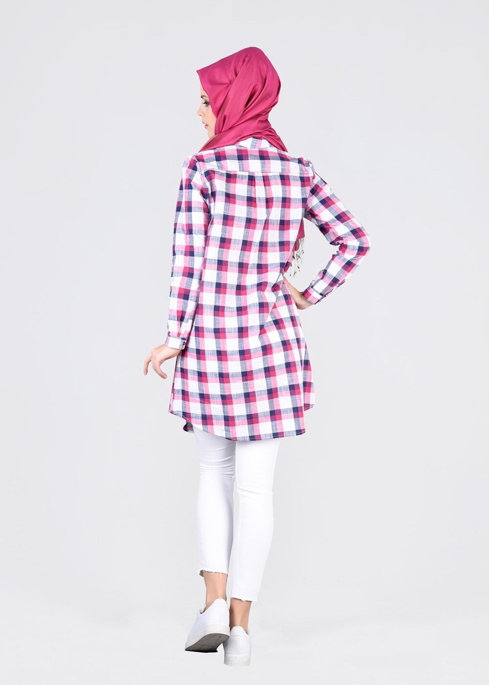 Tesettür giyim PEMBE T 86215-3 Allday- Gizli Patlı Ekose Tunik