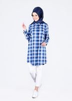 Tesettür giyim LACİVERT T 86215-3 Allday- Gizli Patlı Ekose Tunik