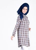 Tesettür giyim KAHVE T 86215-4 Allday- Gizli Patlı Ekose Tunik