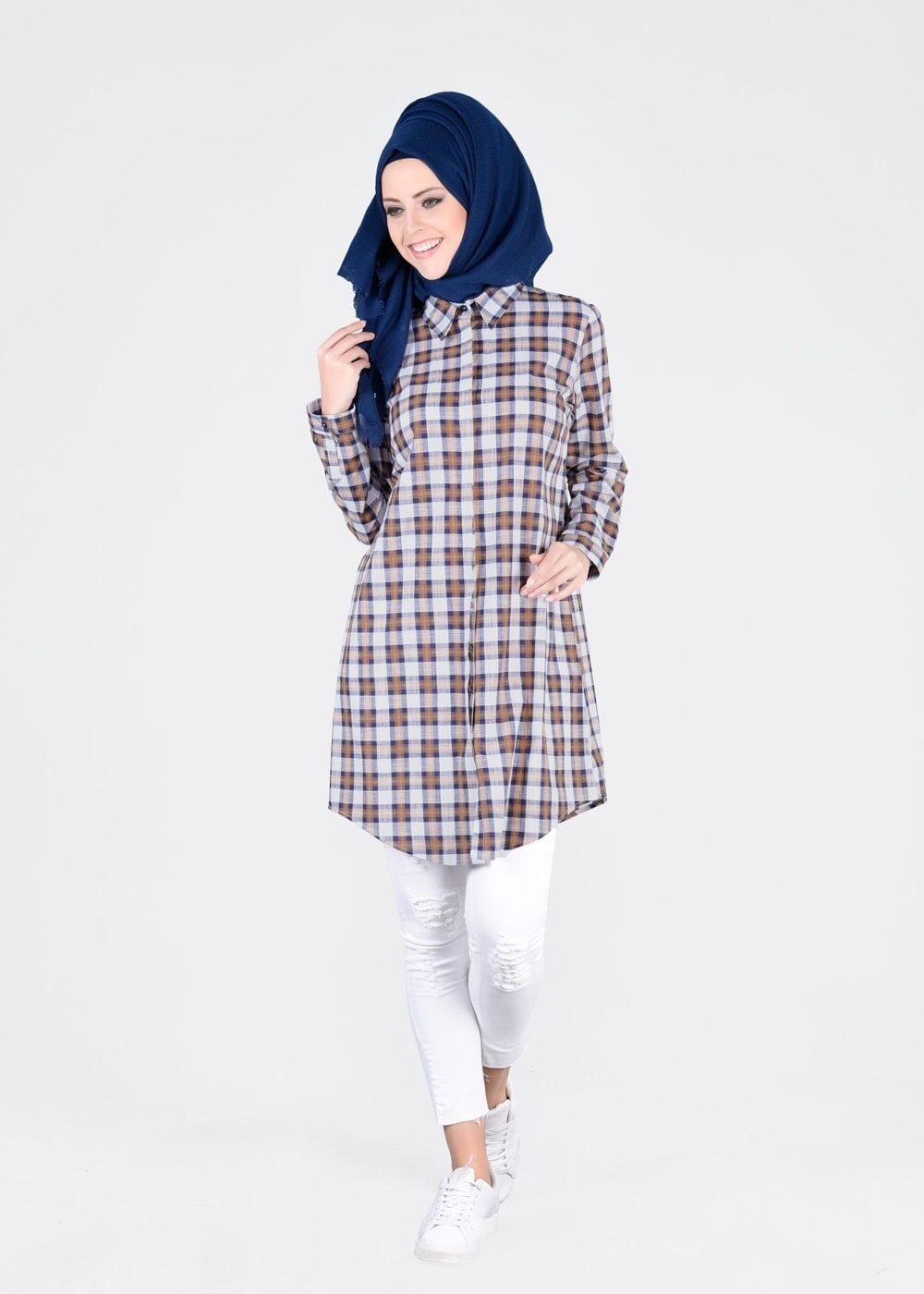 Tesettür giyim KAHVE T 86215-4 Allday- Gizli Patlı Ekose Tunik