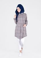 Tesettür giyim KAHVE T 86215-4 Allday- Gizli Patlı Ekose Tunik