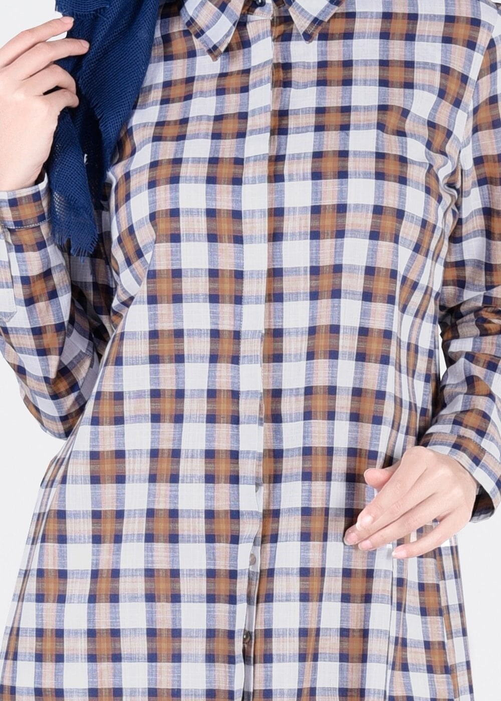 Tesettür giyim KAHVE T 86215-4 Allday- Gizli Patlı Ekose Tunik