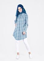 Tesettür giyim MAVİ T 86215-4 Allday- Gizli Patlı Ekose Tunik