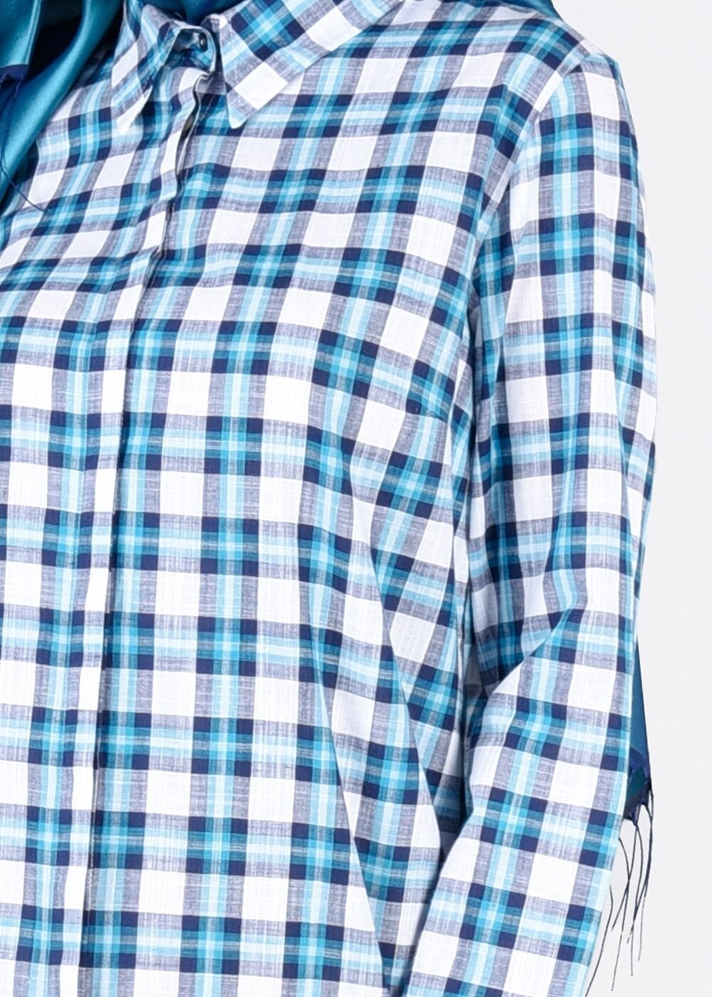 Tesettür giyim MAVİ T 86215-4 Allday- Gizli Patlı Ekose Tunik