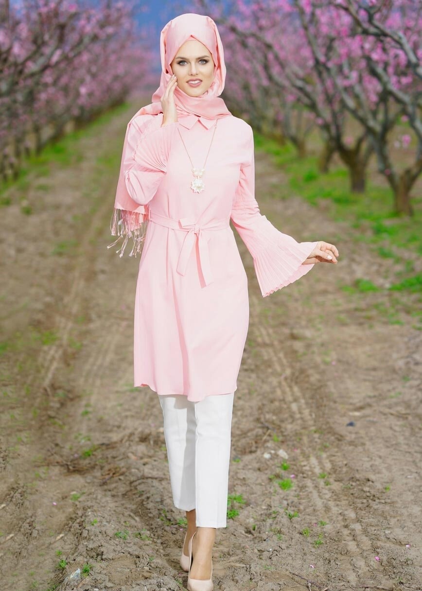 Tesettür giyim PUDRA T 22471 Elegance-Pilise Detaylı Kuşaklı Tunik