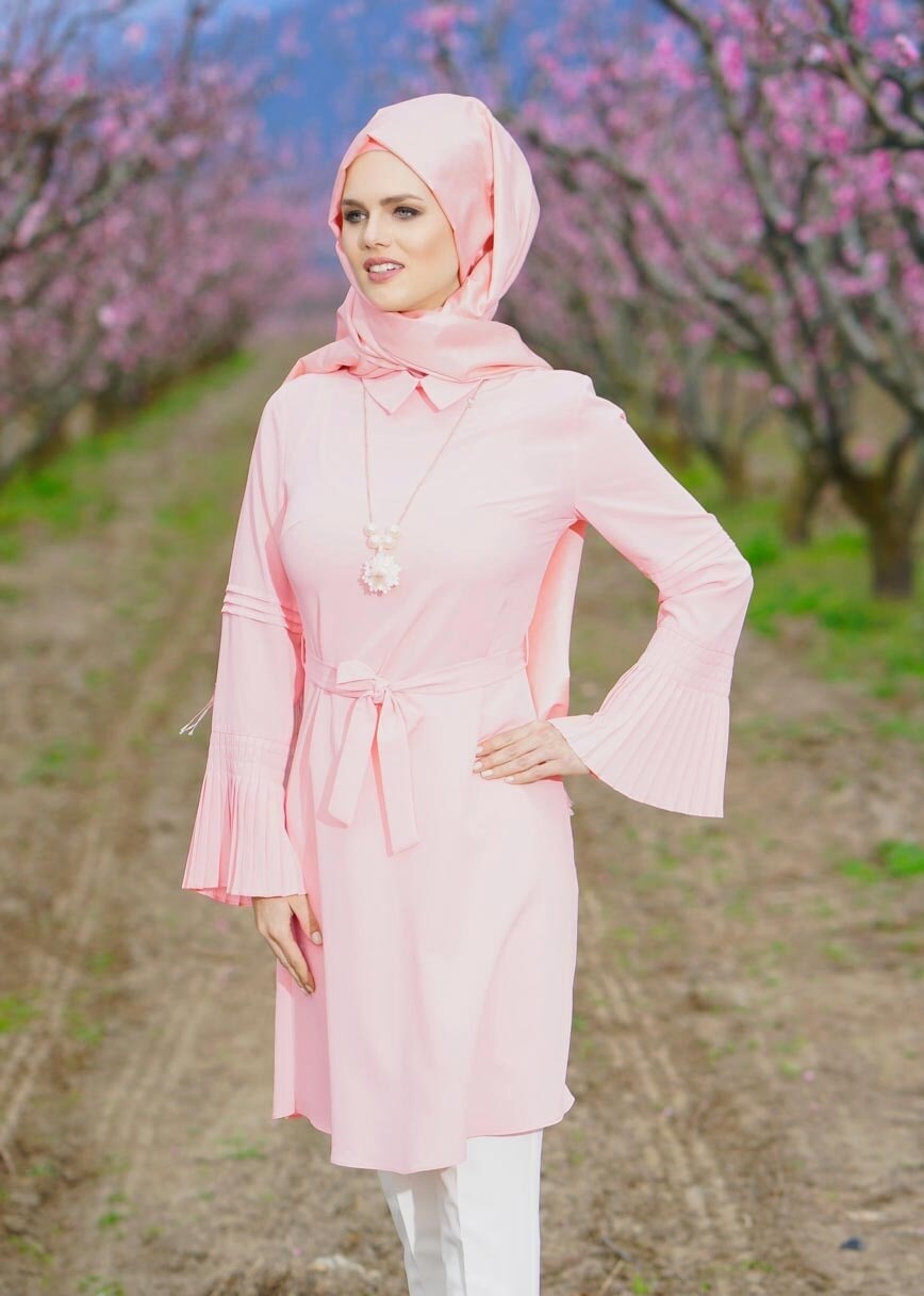 Tesettür giyim PUDRA T 22471 Elegance-Pilise Detaylı Kuşaklı Tunik