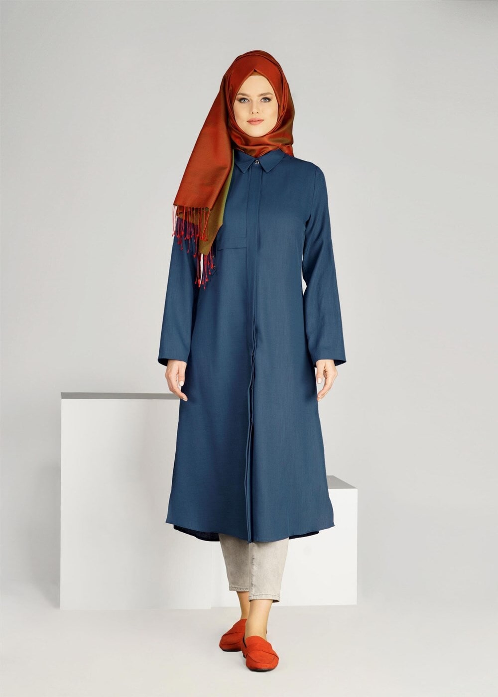 Tesettür giyim MAVİ T 31471 Elegance-Uzun Tesettür Tunik