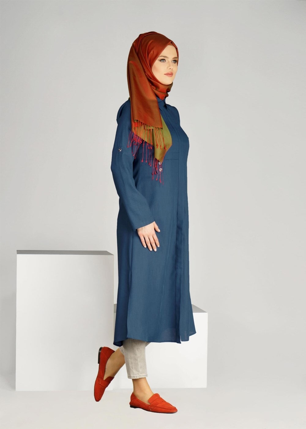 Tesettür giyim MAVİ T 31471 Elegance-Uzun Tesettür Tunik