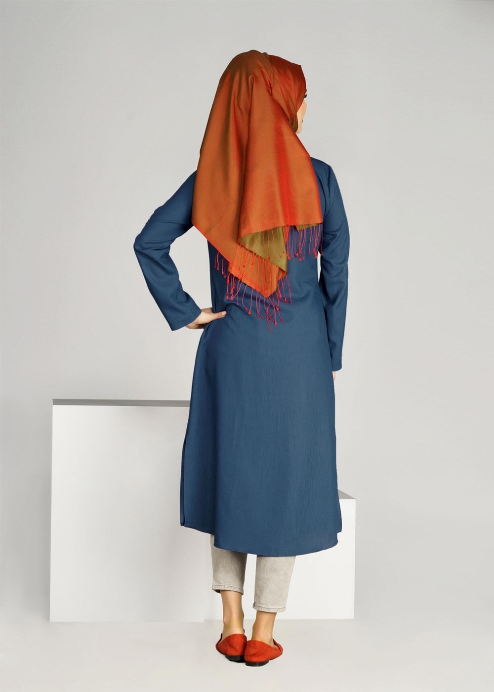 Tesettür giyim MAVİ T 31471 Elegance-Uzun Tesettür Tunik