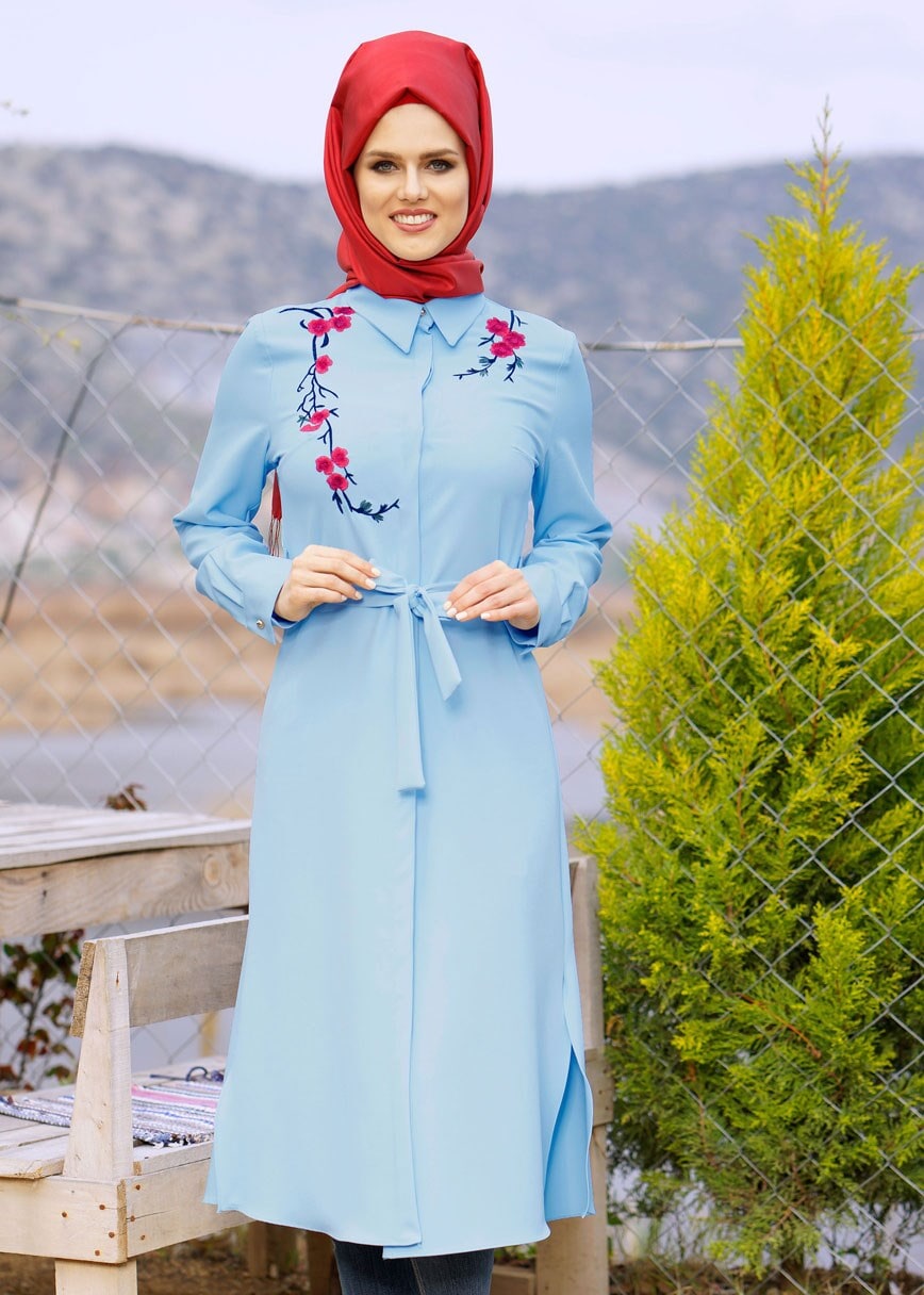 Tesettür giyim MAVİ T 91471 Elegance- Nakış Detaylı Uzun Tunik