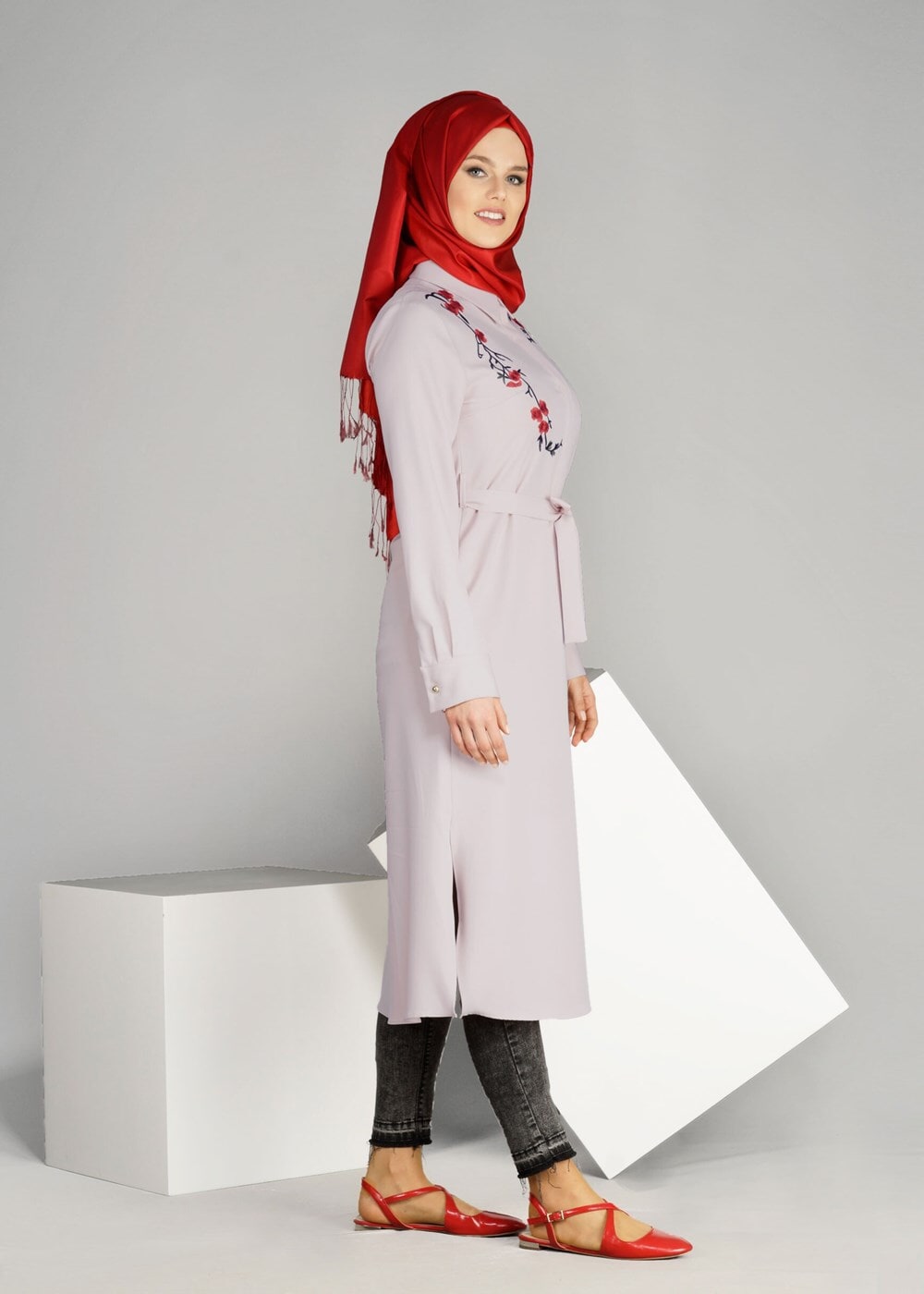 Tesettür giyim PUDRA T 91471 Elegance- Nakış Detaylı Uzun Tunik