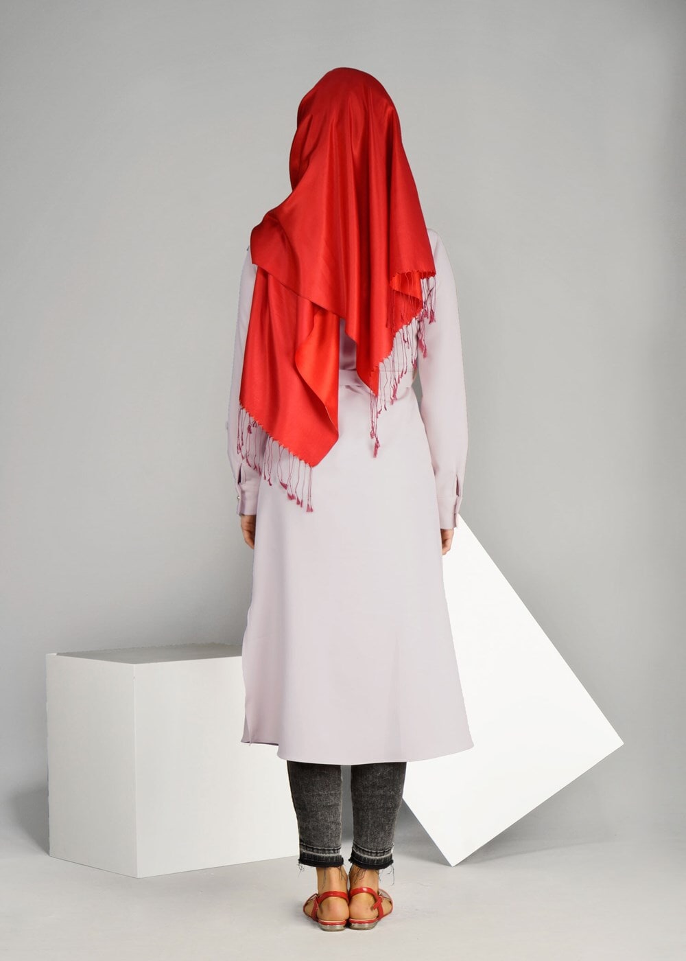 Tesettür giyim PUDRA T 91471 Elegance- Nakış Detaylı Uzun Tunik