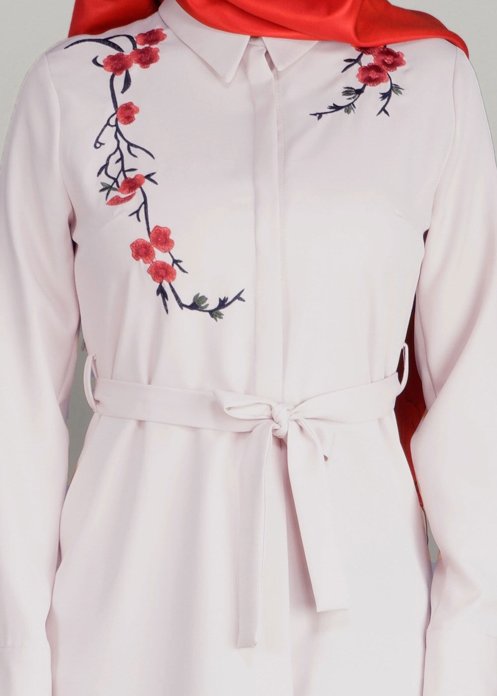 Tesettür giyim PUDRA T 91471 Elegance- Nakış Detaylı Uzun Tunik