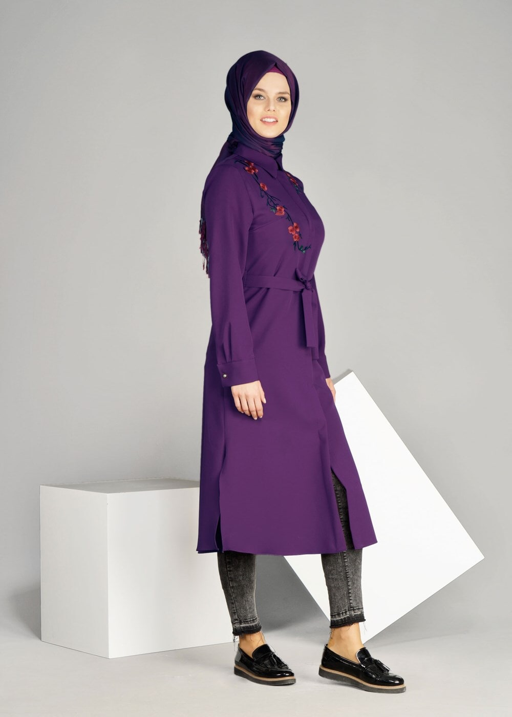 Tesettür giyim MOR T 91471 Elegance- Nakış Detaylı Uzun Tunik