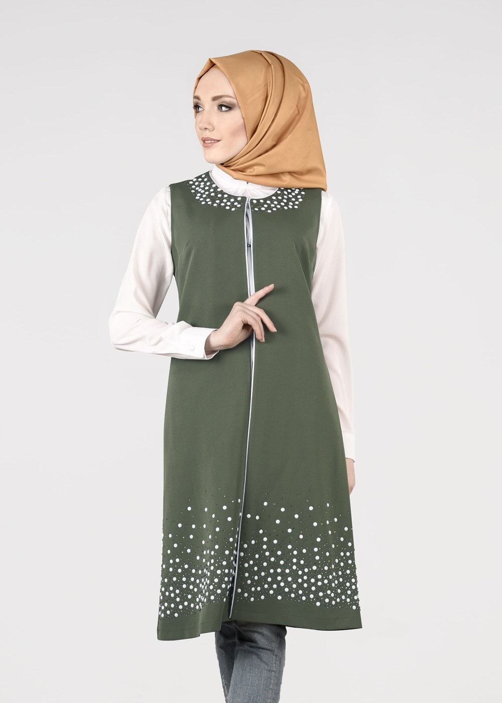 Hijab clothing KHAKI T 1605-1 Funda-Boncuk İşlemeli 2′li Tunik