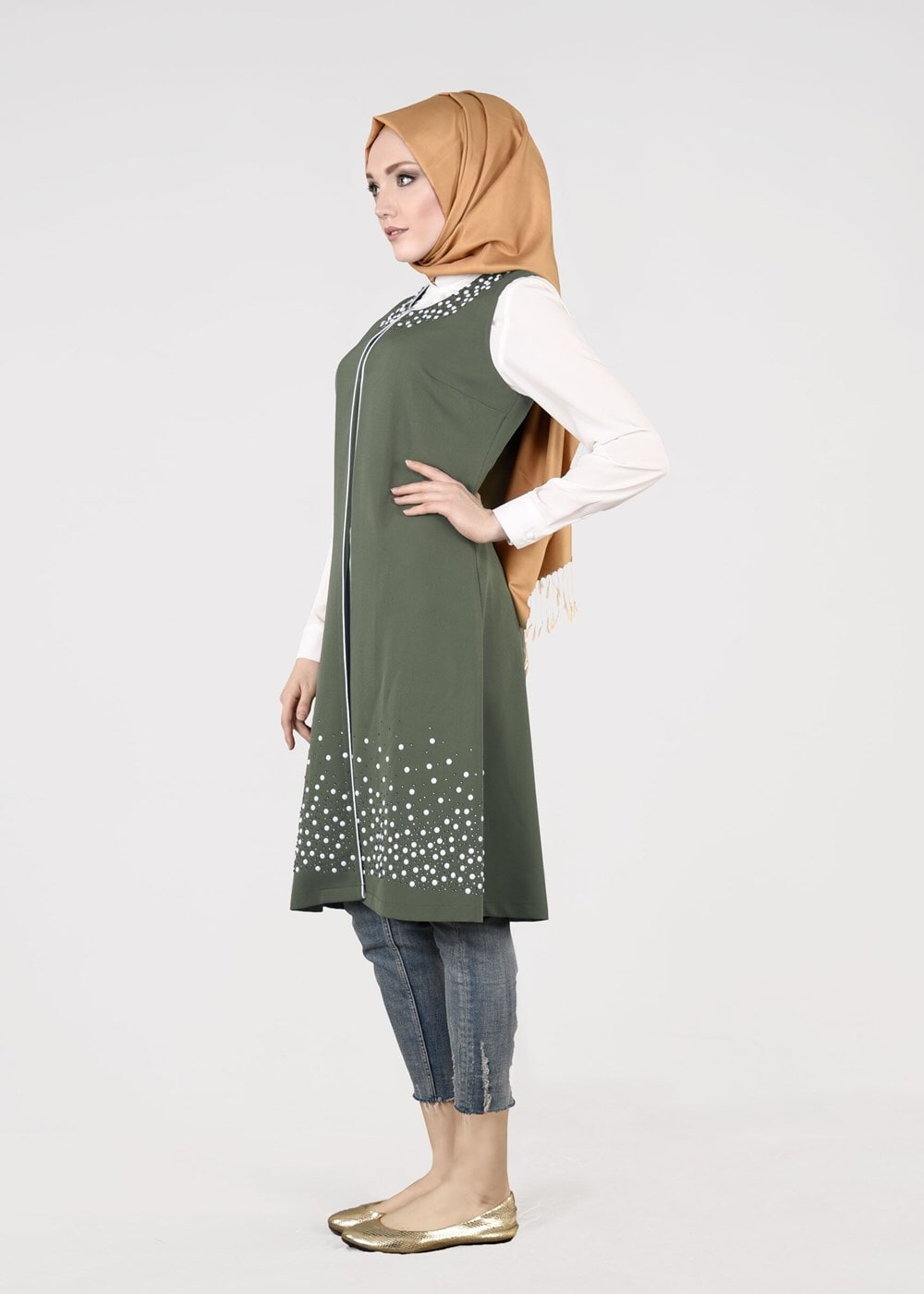 Hijab clothing KHAKI T 1605-1 Funda-Boncuk İşlemeli 2′li Tunik