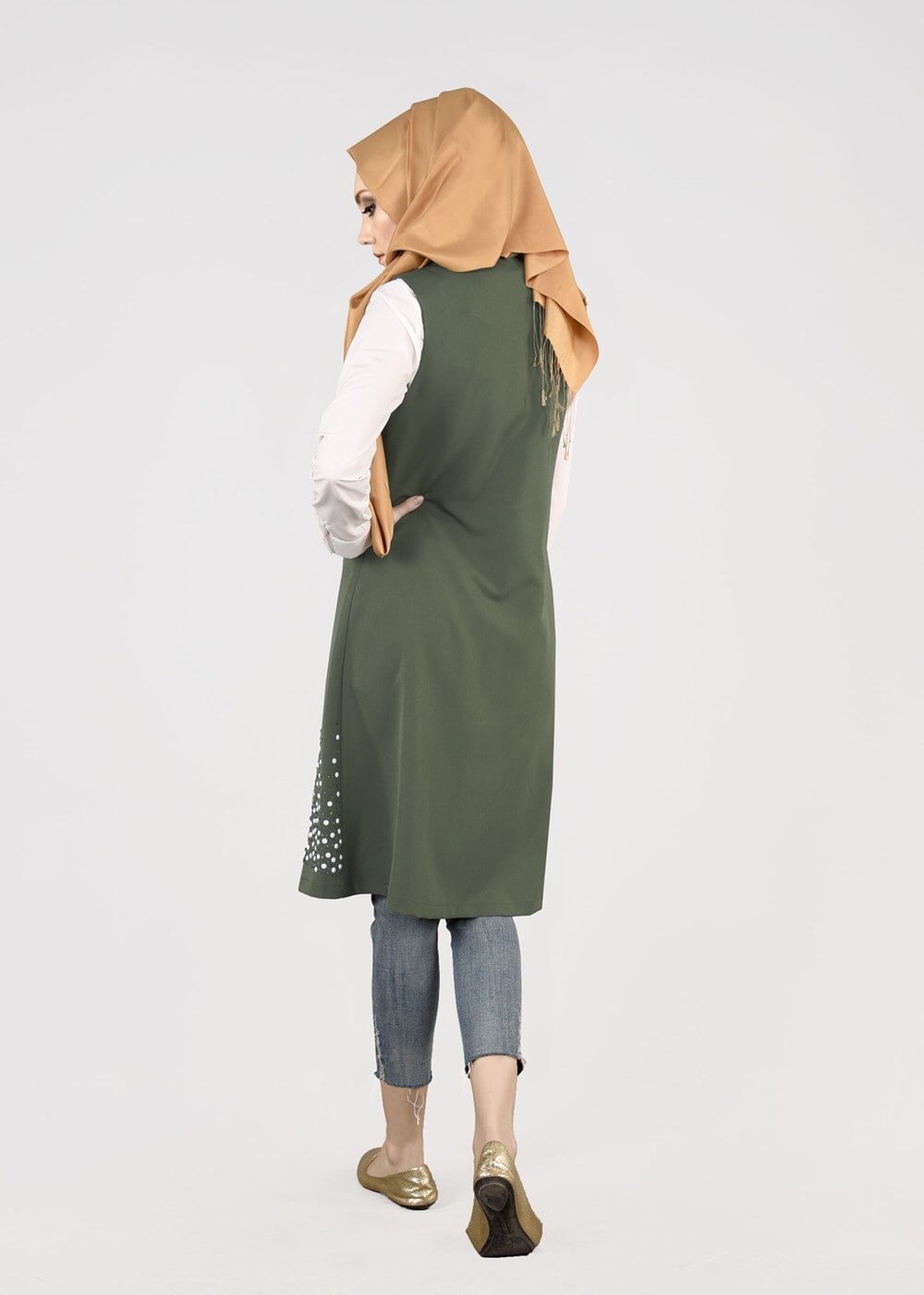 Hijab clothing KHAKI T 1605-1 Funda-Boncuk İşlemeli 2′li Tunik