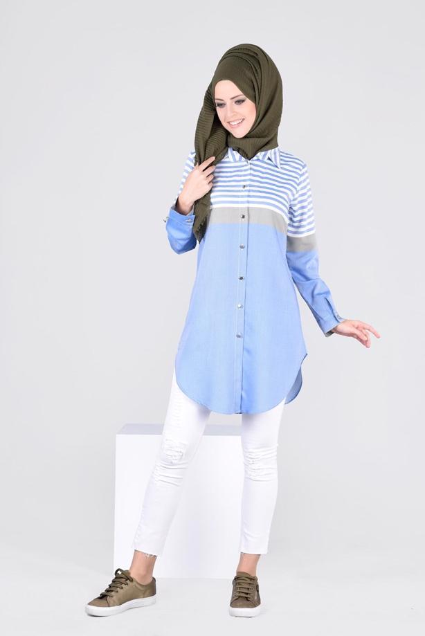 Vêtements hijab  T 4696-1 Çizgi Detaylı Tunik-Yılmazlar - TRENDTESETTÜR