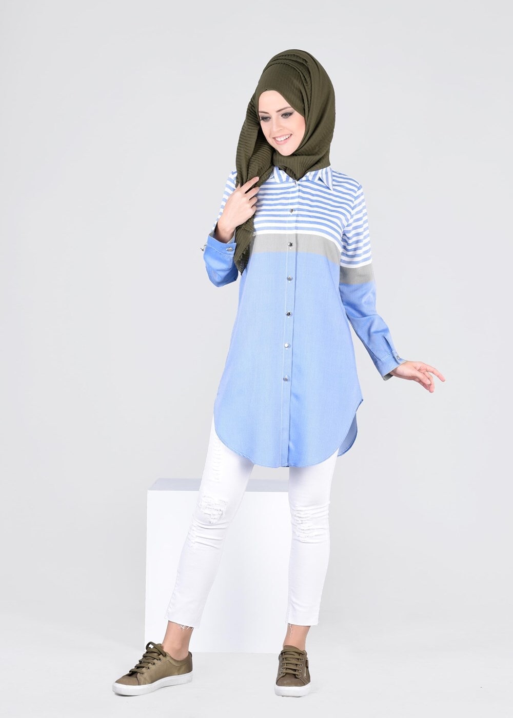 Vêtements hijab BLEU T 4696-1 Çizgi Detaylı Tunik-Yılmazlar