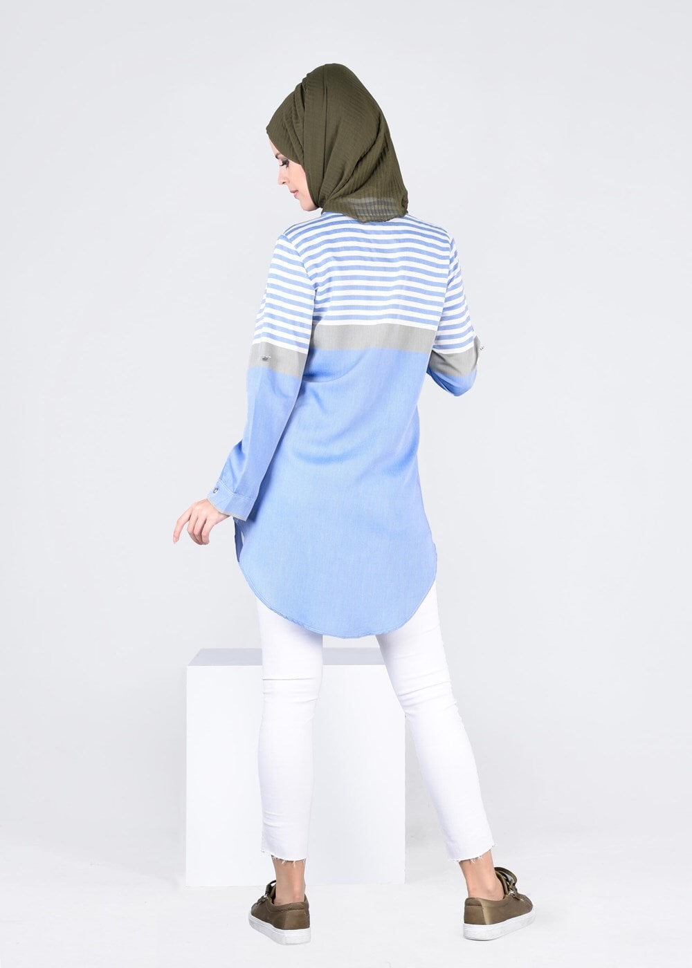 Vêtements hijab BLEU T 4696-1 Çizgi Detaylı Tunik-Yılmazlar