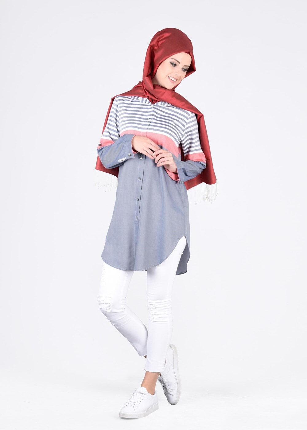 Hijab clothing GREY T 4696-1 Çizgi Detaylı Tunik-Yılmazlar