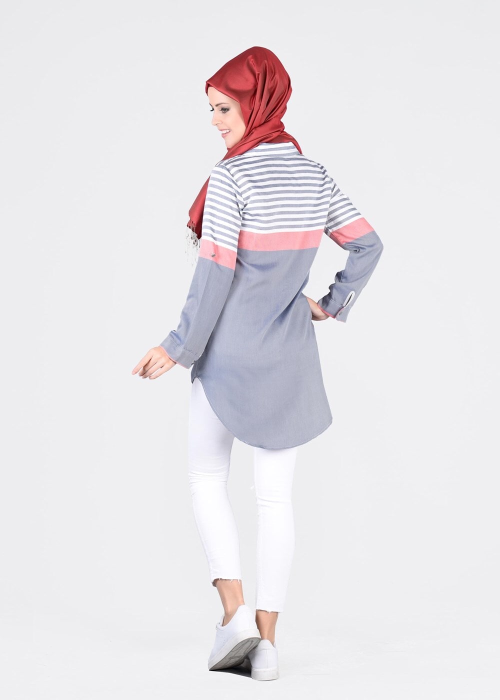 Hijab clothing GREY T 4696-1 Çizgi Detaylı Tunik-Yılmazlar