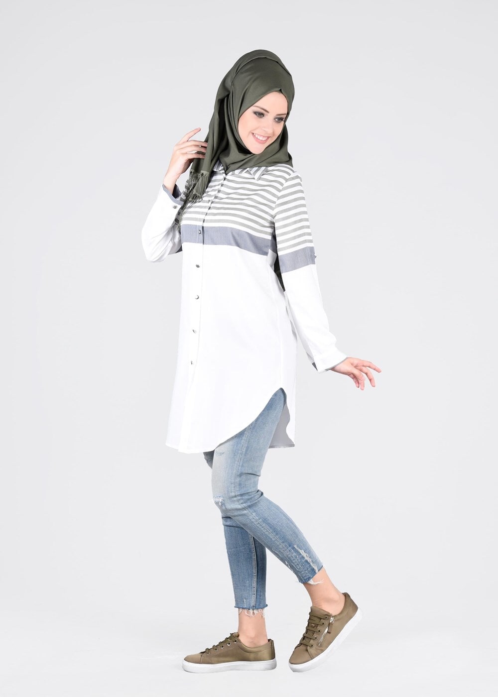 Hijab clothing KHAKI T 4696-1 Çizgi Detaylı Tunik-Yılmazlar