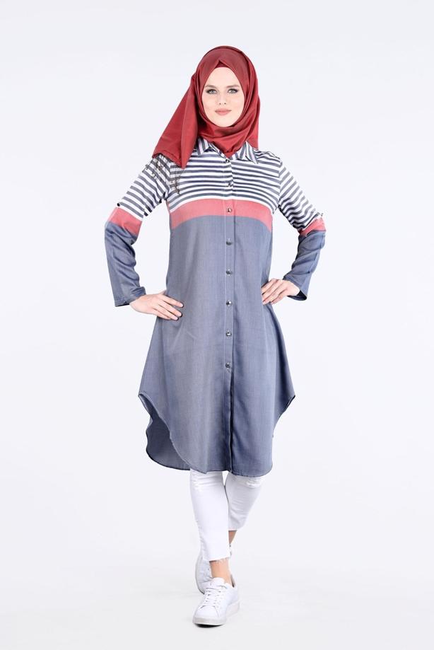 Vêtements hijab  T 7496-1 Yılmazlar-Çizgi Detaylı Tunik - TRENDTESETTÜR