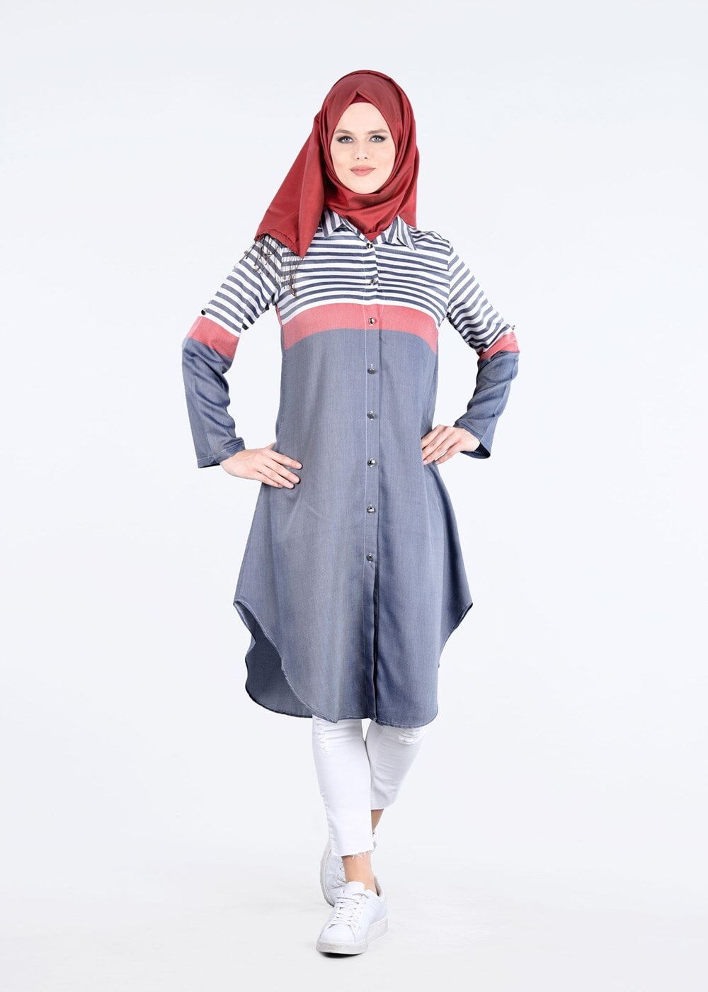 Hijab clothing GREY T 7496-1 Yılmazlar-Çizgi Detaylı Tunik