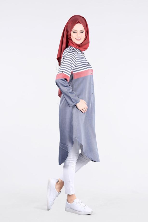 Vêtements hijab  T 7496-1 Yılmazlar-Çizgi Detaylı Tunik - TRENDTESETTÜR