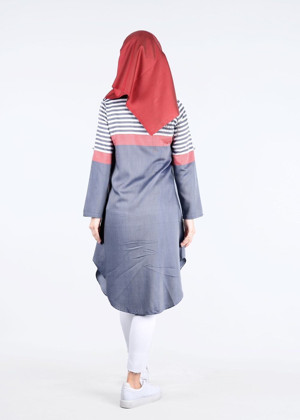 Hijab clothing GREY T 7496-1 Yılmazlar-Çizgi Detaylı Tunik