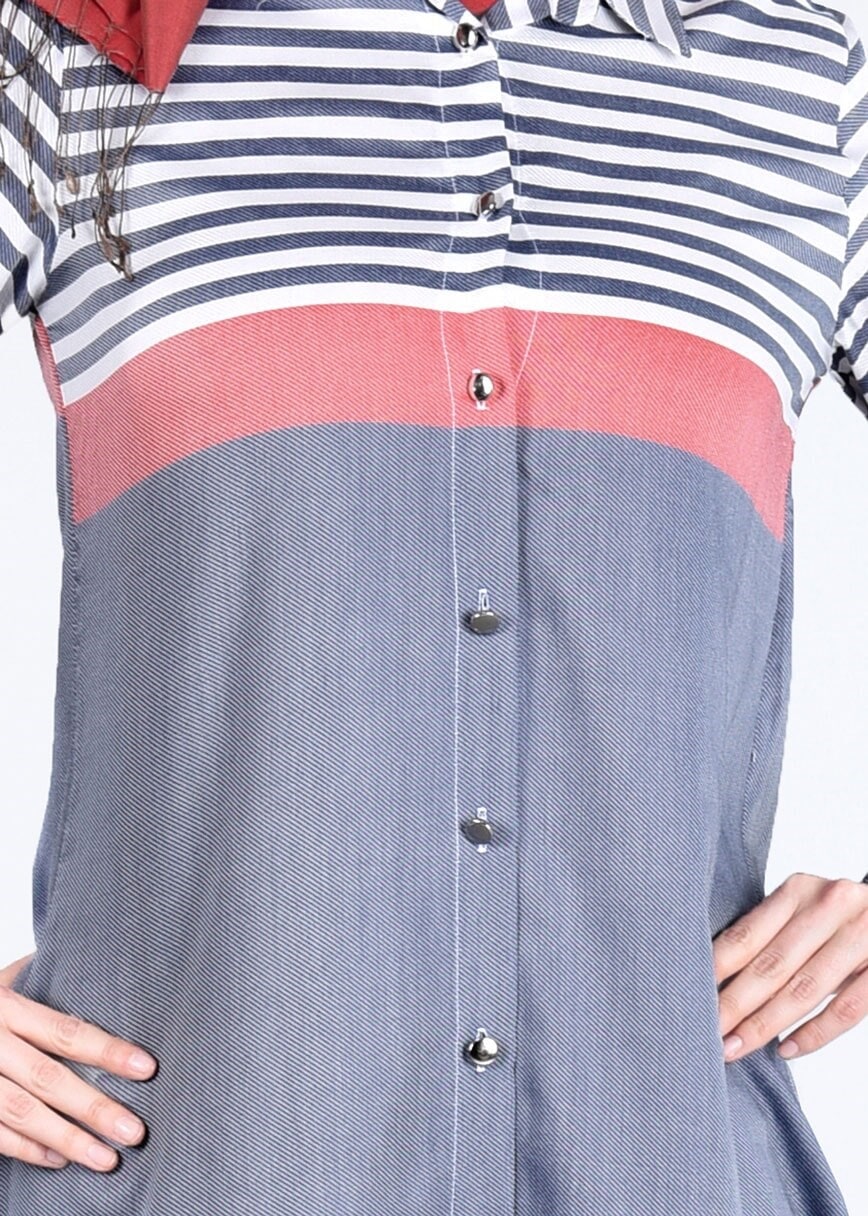 Hijab clothing GREY T 7496-1 Yılmazlar-Çizgi Detaylı Tunik