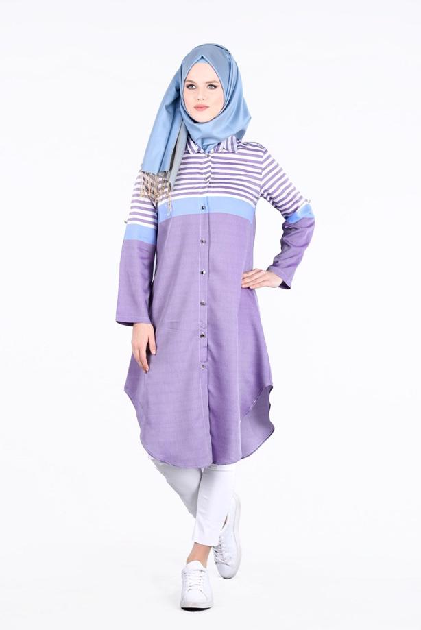 Vêtements hijab  T 7496-1 Yılmazlar-Çizgi Detaylı Tunik - TRENDTESETTÜR