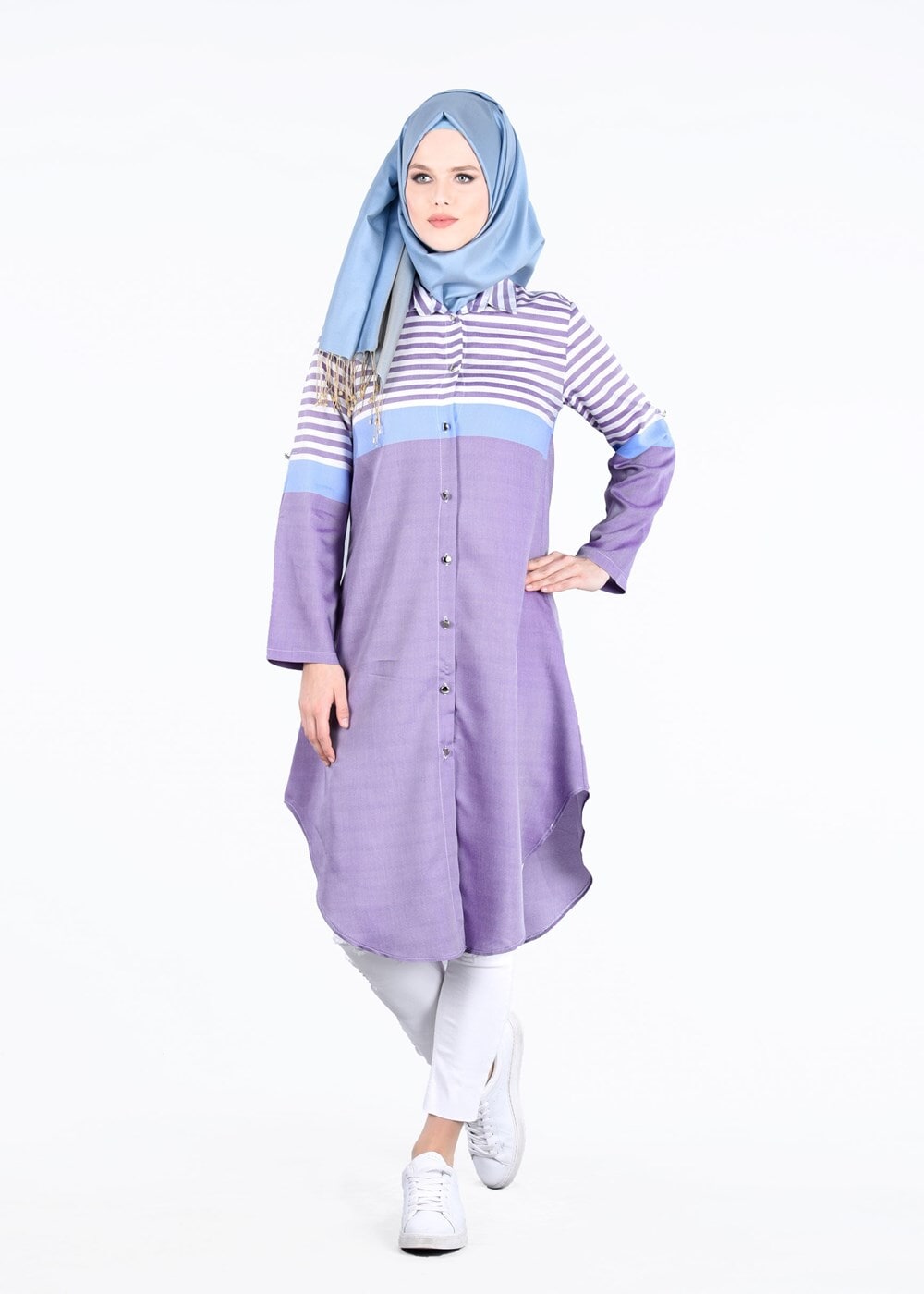 Hijab clothing PURPLE T 7496-1 Yılmazlar-Çizgi Detaylı Tunik